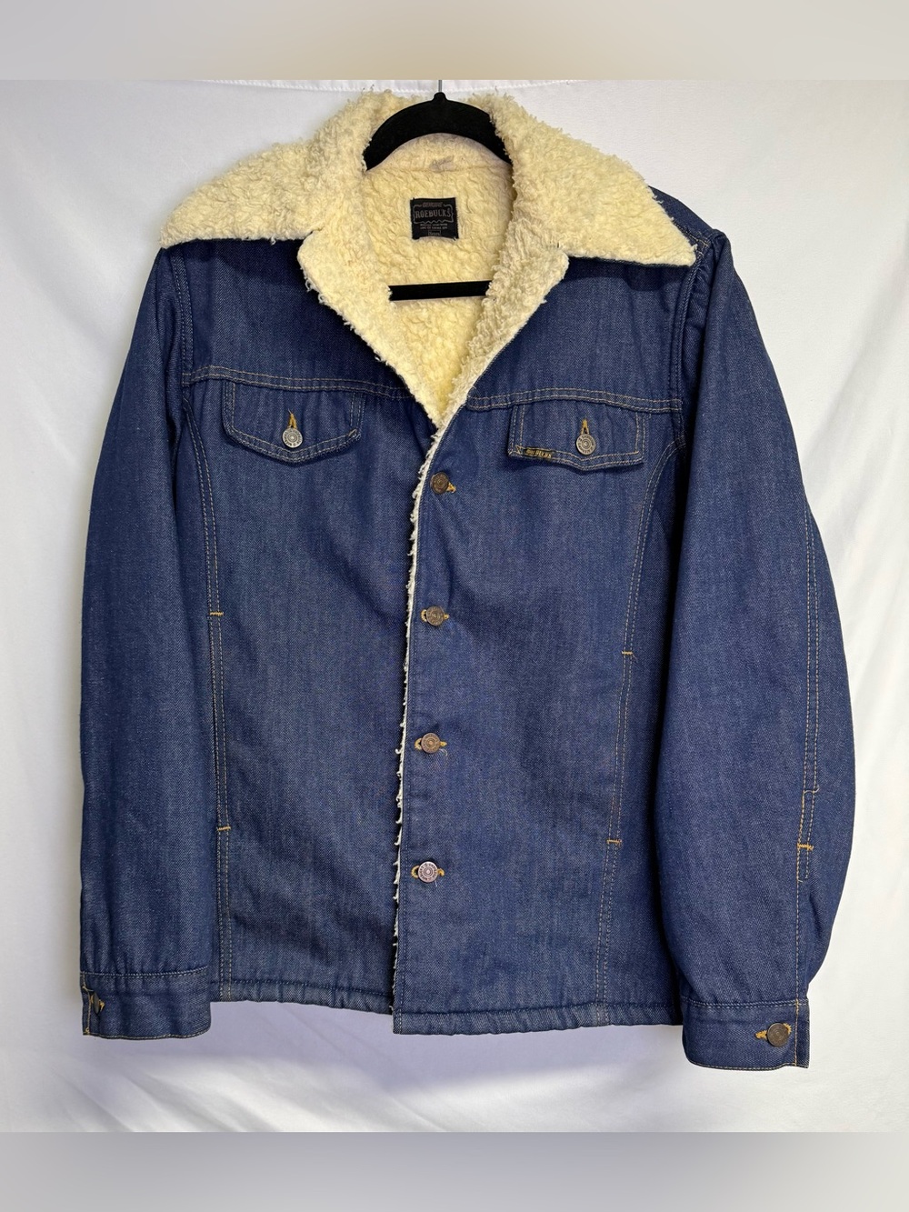 Vintage Sears Blue Denim Bomber Jacket with Cream Sherpa lining